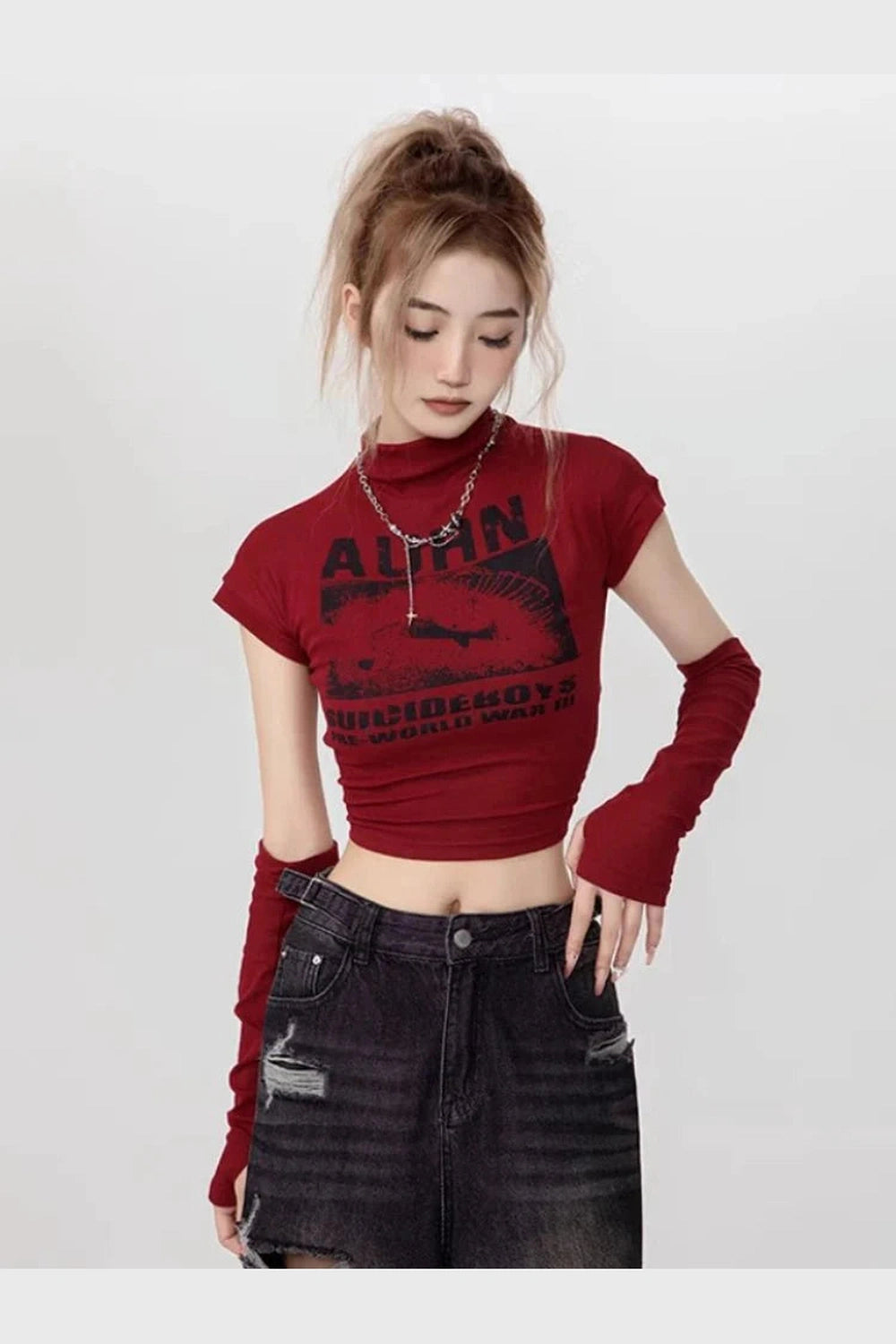 Y2k Gothic Graphic Mock Neck Crop Top