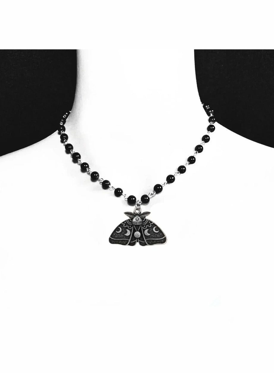 Y2k Gothic Luna Moth Black Bead Necklace
