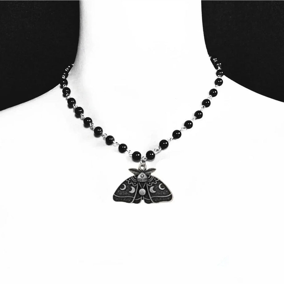 Y2k Gothic Luna Moth Black Bead Necklace