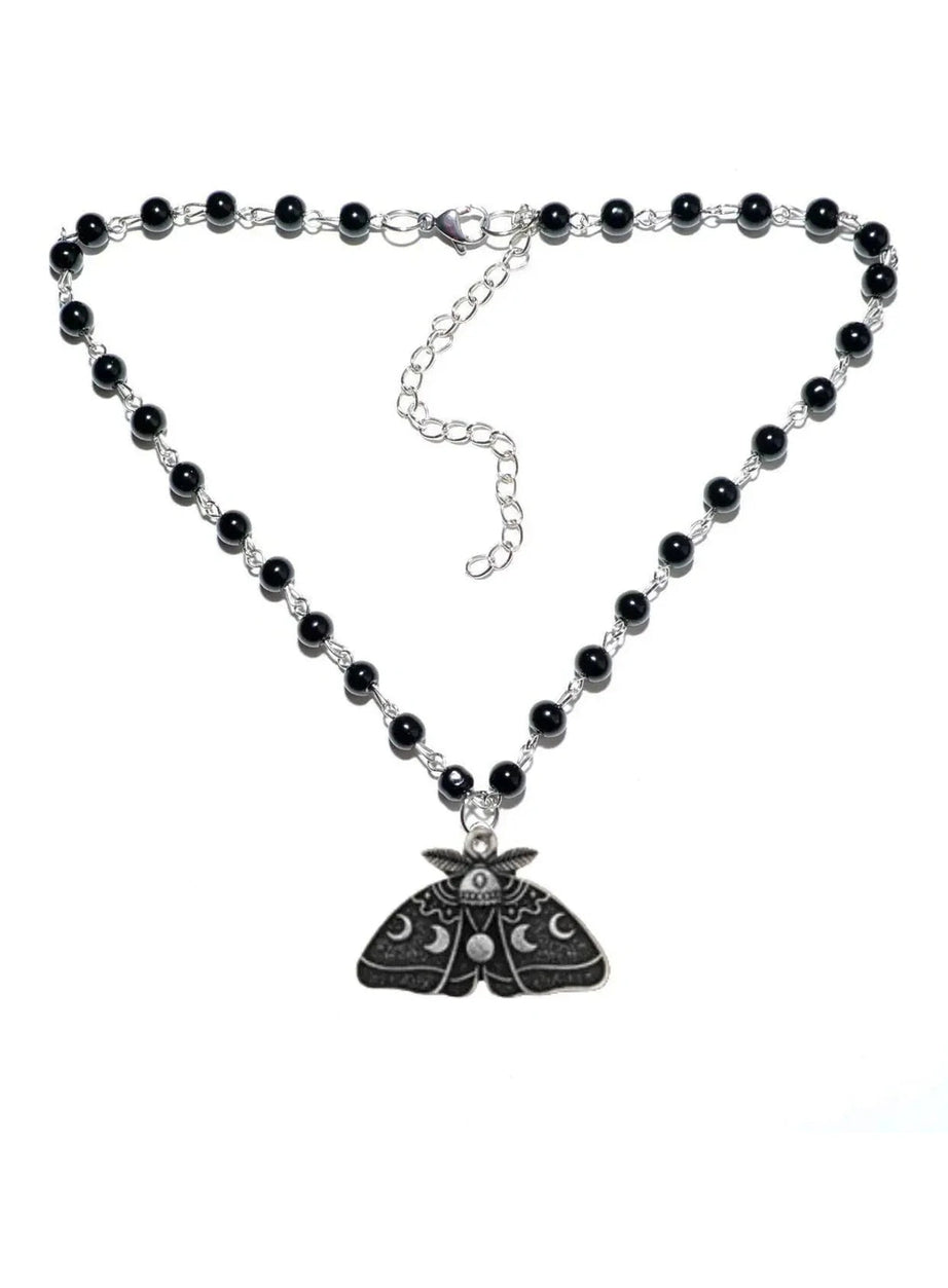 Y2k Gothic Luna Moth Black Bead Necklace
