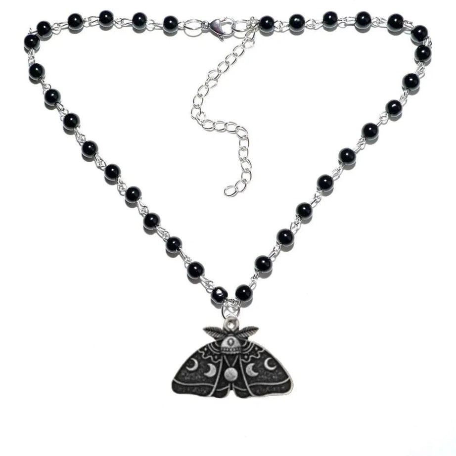 Y2k Gothic Luna Moth Black Bead Necklace