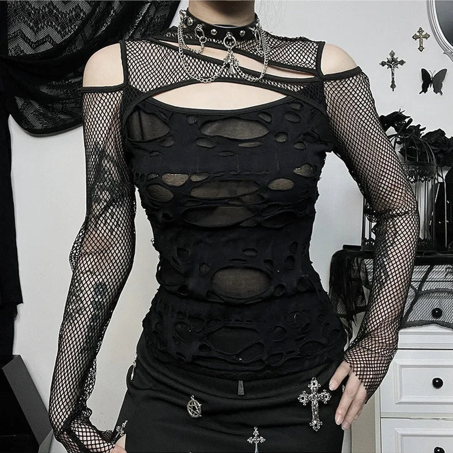 Y2k Gothic Mesh Hole Fishnet Blouse