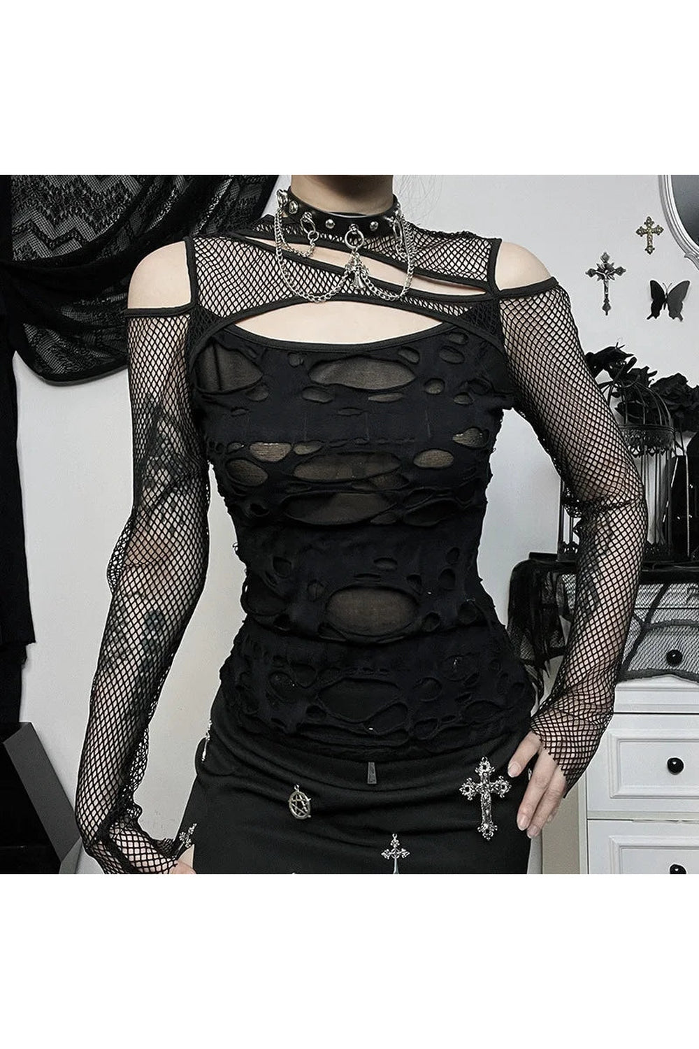 Y2k Gothic Mesh Hole Fishnet Blouse