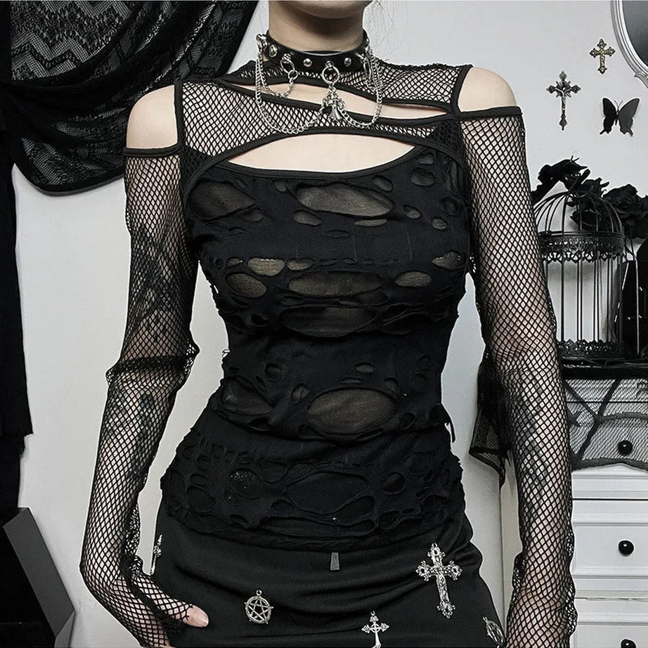 Y2k Gothic Mesh Hole Fishnet Blouse