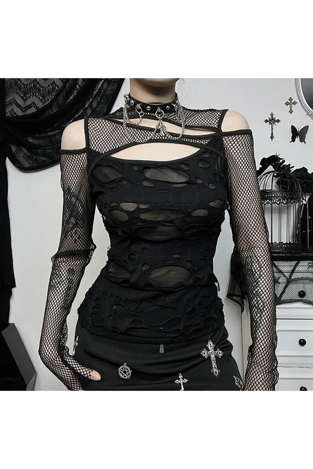 Y2k Gothic Mesh Hole Fishnet Blouse