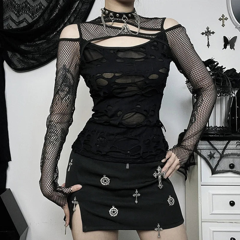 Y2k Gothic Mesh Hole Fishnet Blouse