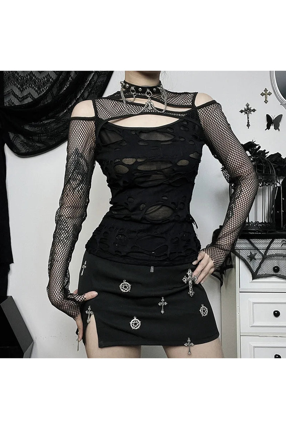 Y2k Gothic Mesh Hole Fishnet Blouse
