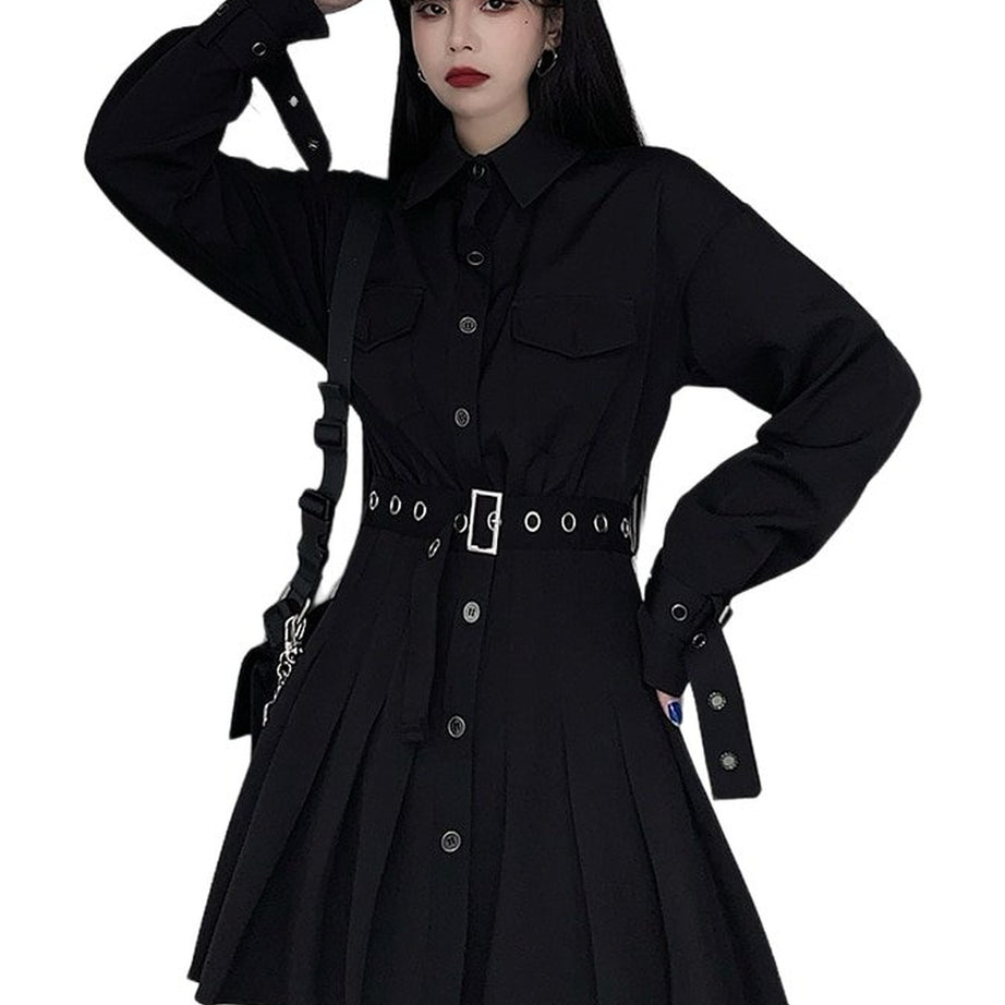 Y2k Gothic Pleated Belted Dress