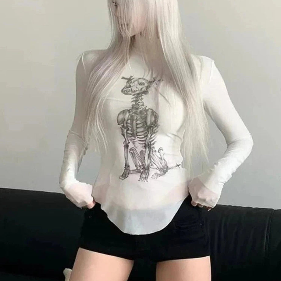 Y2k Gothic Skeleton Turtleneck Long Sleeve Top