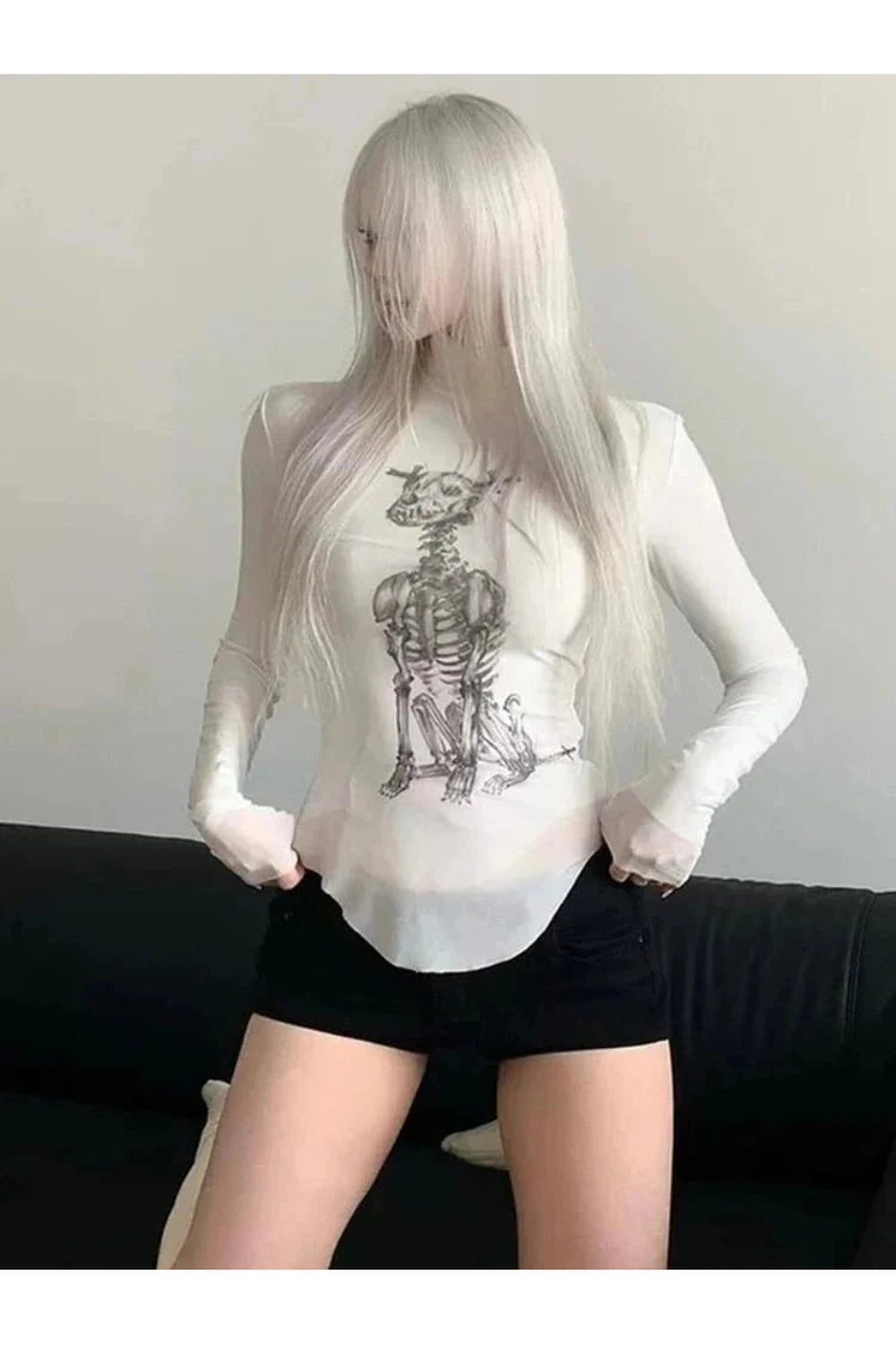 Y2k Gothic Skeleton Turtleneck Long Sleeve Top