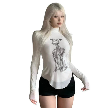 Gothic Skeleton Turtleneck Long Sleeve Top - Shirts & Tops