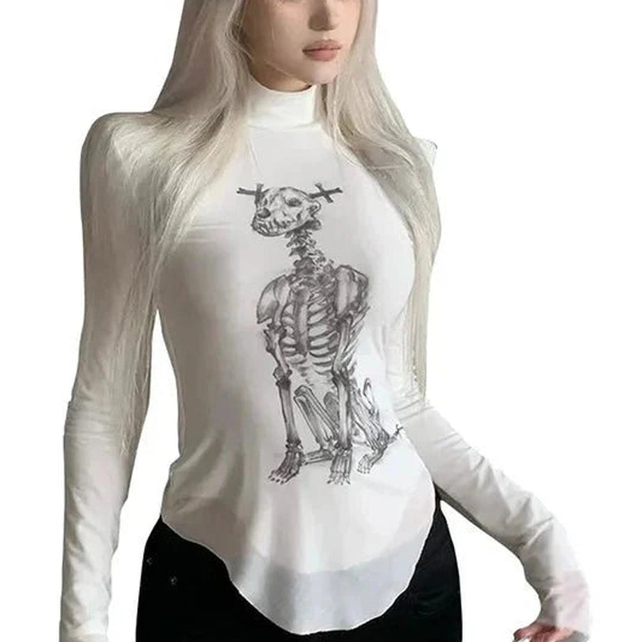 Y2k Gothic Skeleton Turtleneck Long Sleeve Top