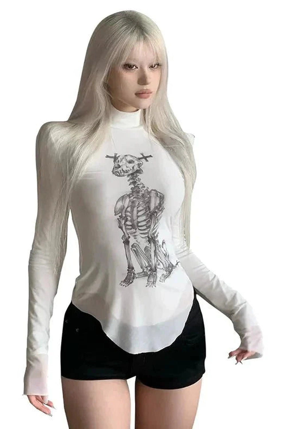 Y2k Gothic Skeleton Turtleneck Long Sleeve Top