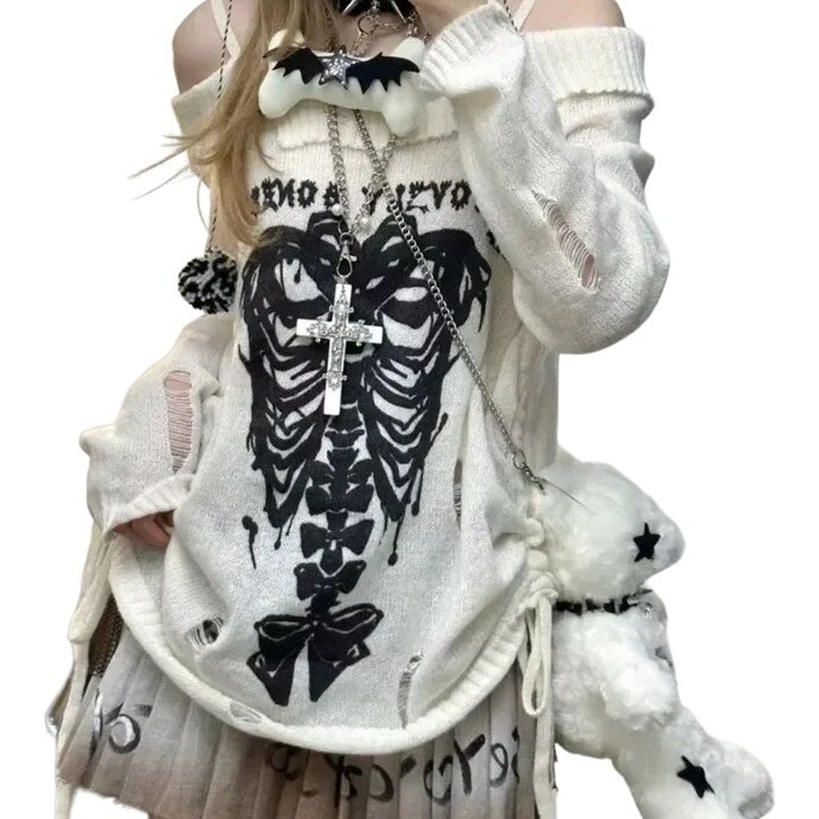 Y2k Gothic Skull Off-Shoulder Sweater