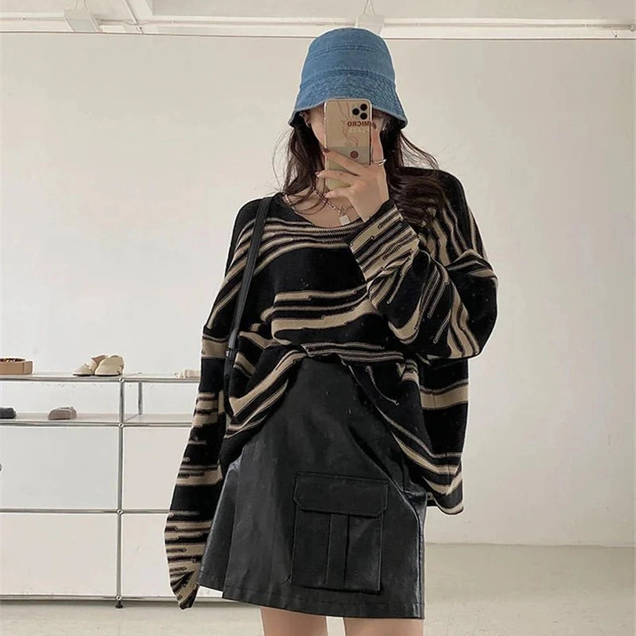Y2k Korean Striped Long Sweater