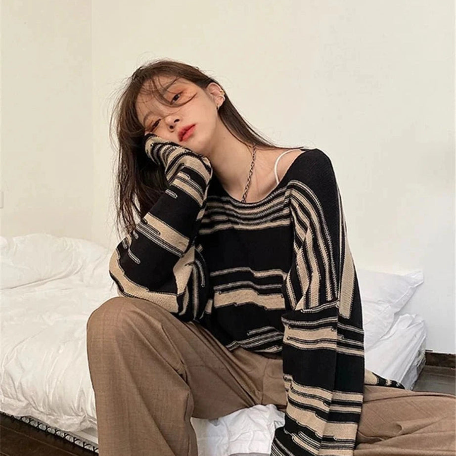 Y2k Korean Striped Long Sweater