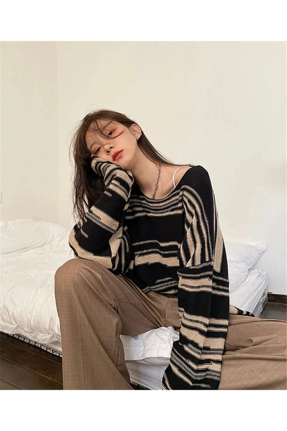 Y2k Korean Striped Long Sweater