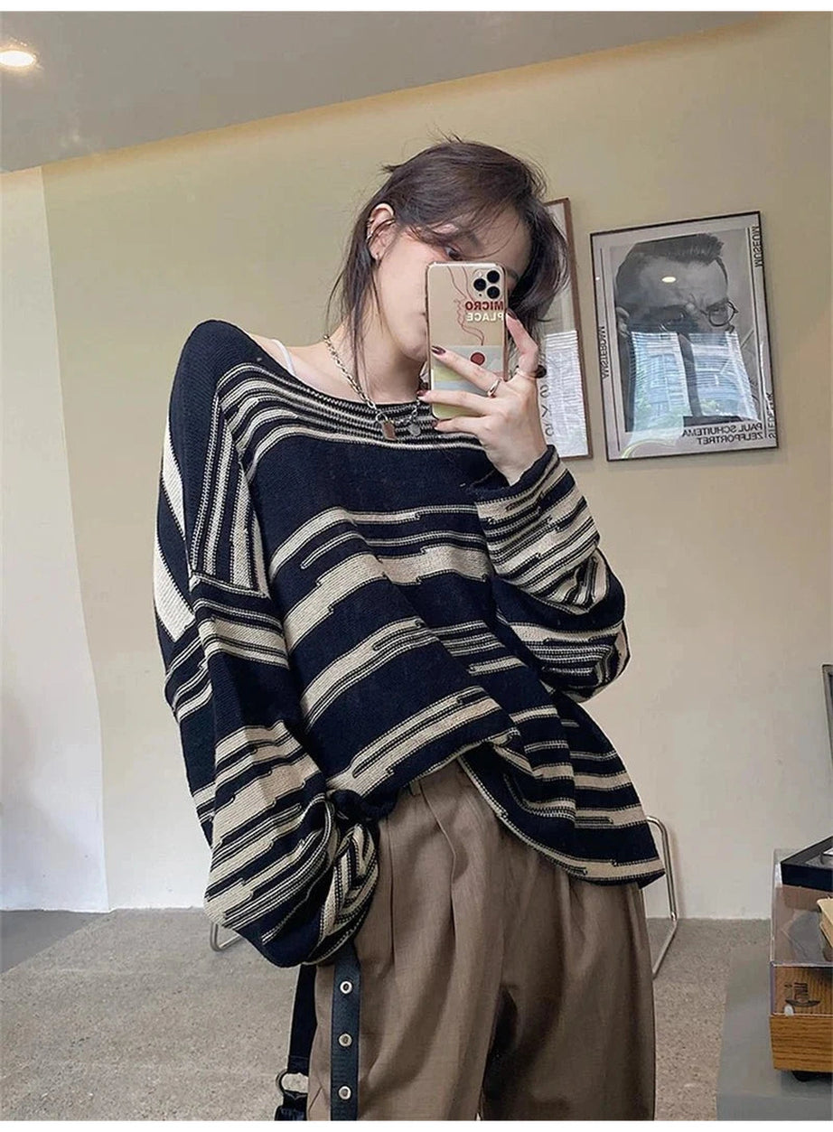 Y2k Korean Striped Long Sweater