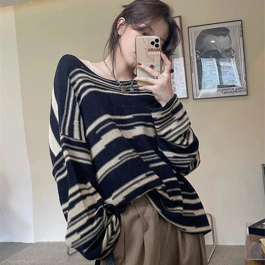 Y2k Korean Striped Long Sweater