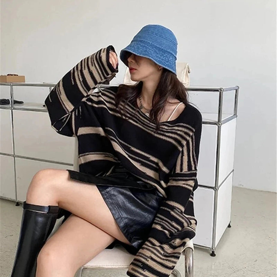 Y2k Korean Striped Long Sweater