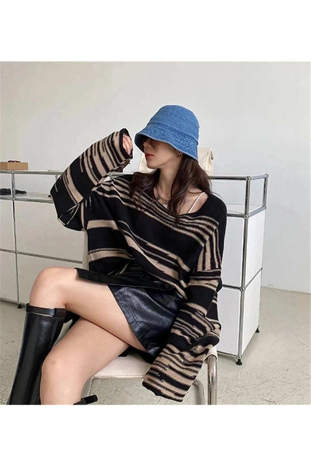 Y2k Korean Striped Long Sweater