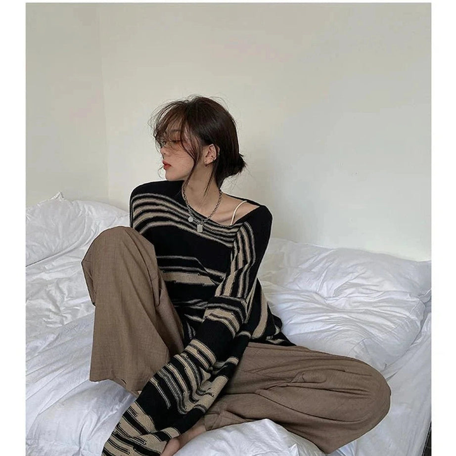 Y2k Korean Striped Long Sweater
