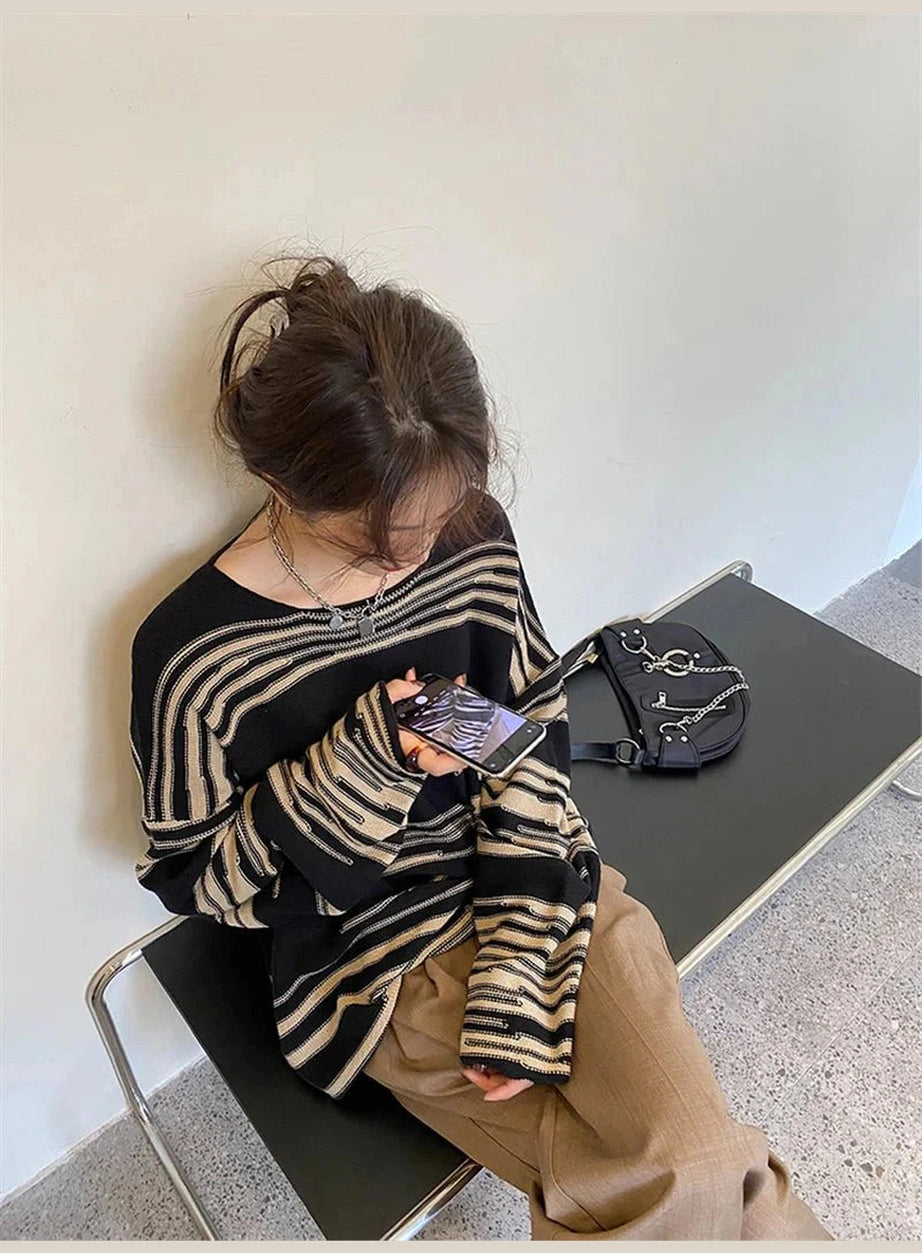 Y2k Korean Striped Long Sweater