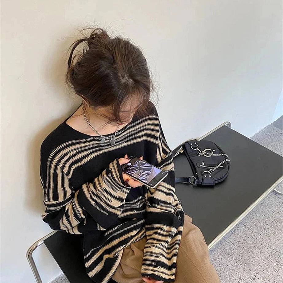 Y2k Korean Striped Long Sweater