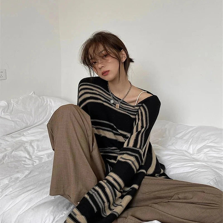 Y2k Korean Striped Long Sweater