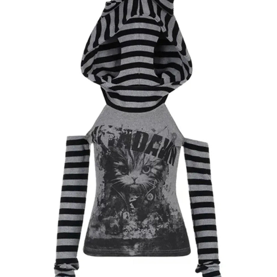 Y2k Gothic Striped Patchwork Hoodie