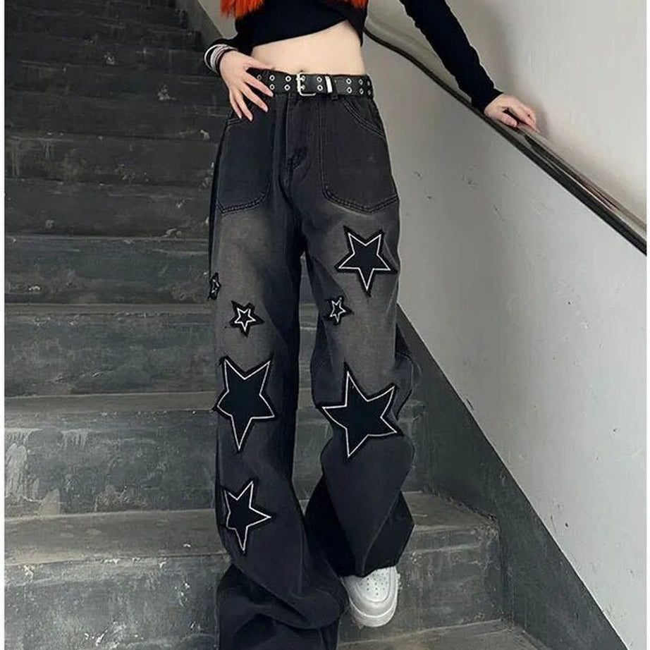 Y2k Acubi Gradient Star Embroidery Jeans