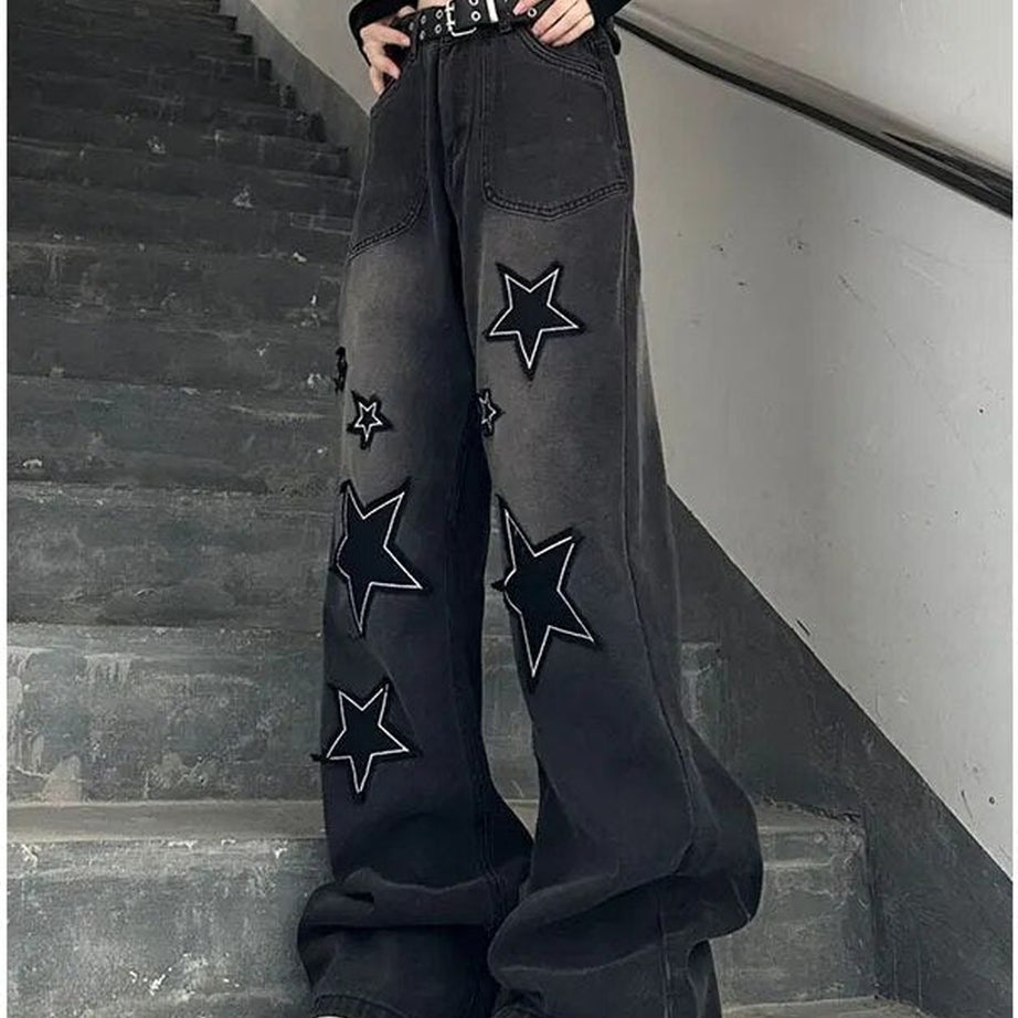 Y2k Acubi Gradient Star Embroidery Jeans