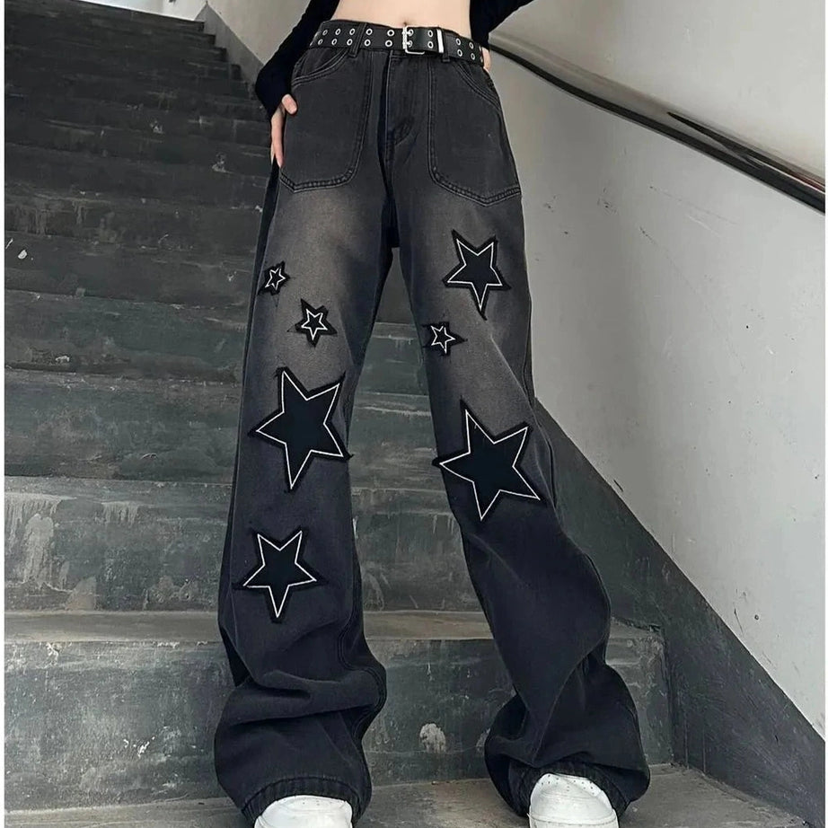 Y2k Acubi Gradient Star Embroidery Jeans