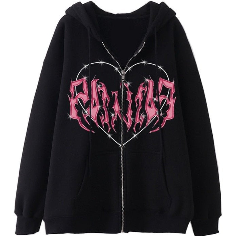 Y2k Graffiti Heart Zip-Up Hoodie