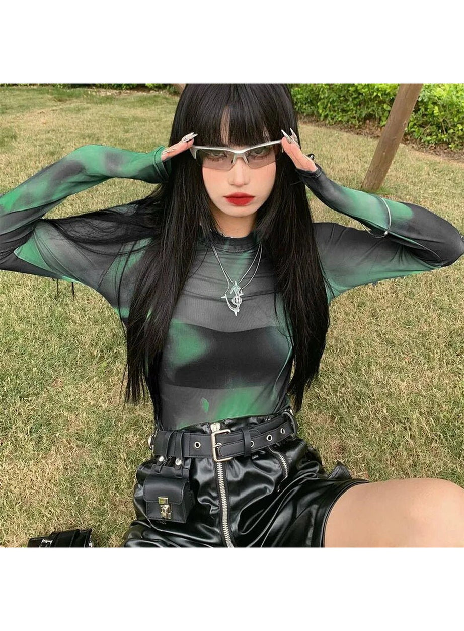 Y2k Green Lace Mesh Grunge T-shirt
