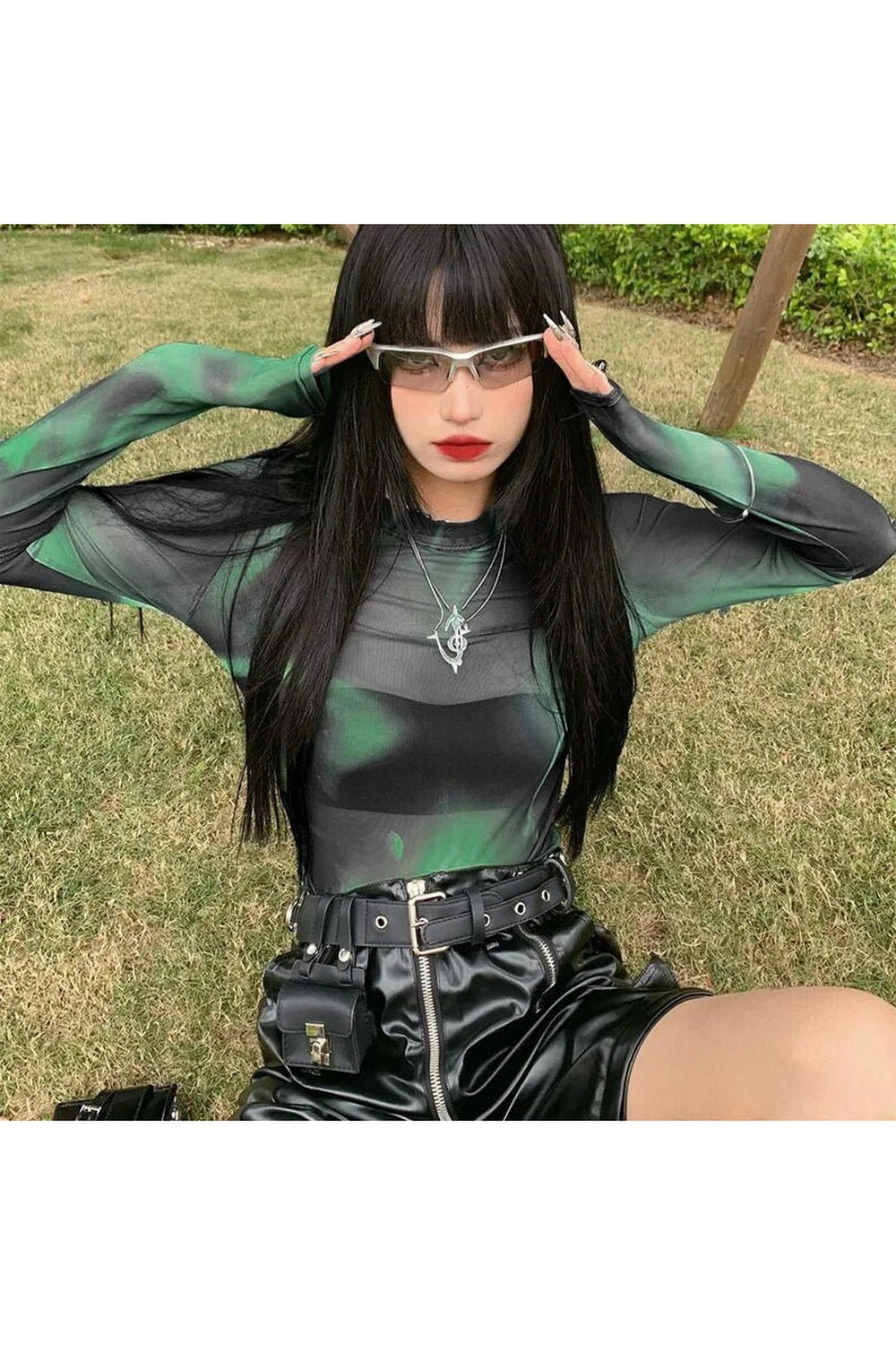 Y2k Green Lace Mesh Grunge T-shirt