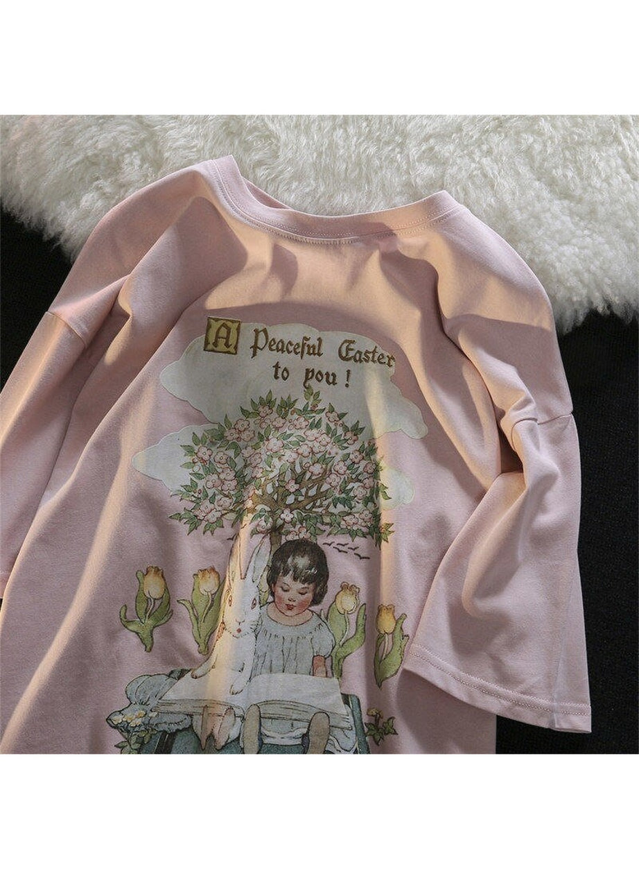 Y2k Green Pink Tops Rabbit T-shirt