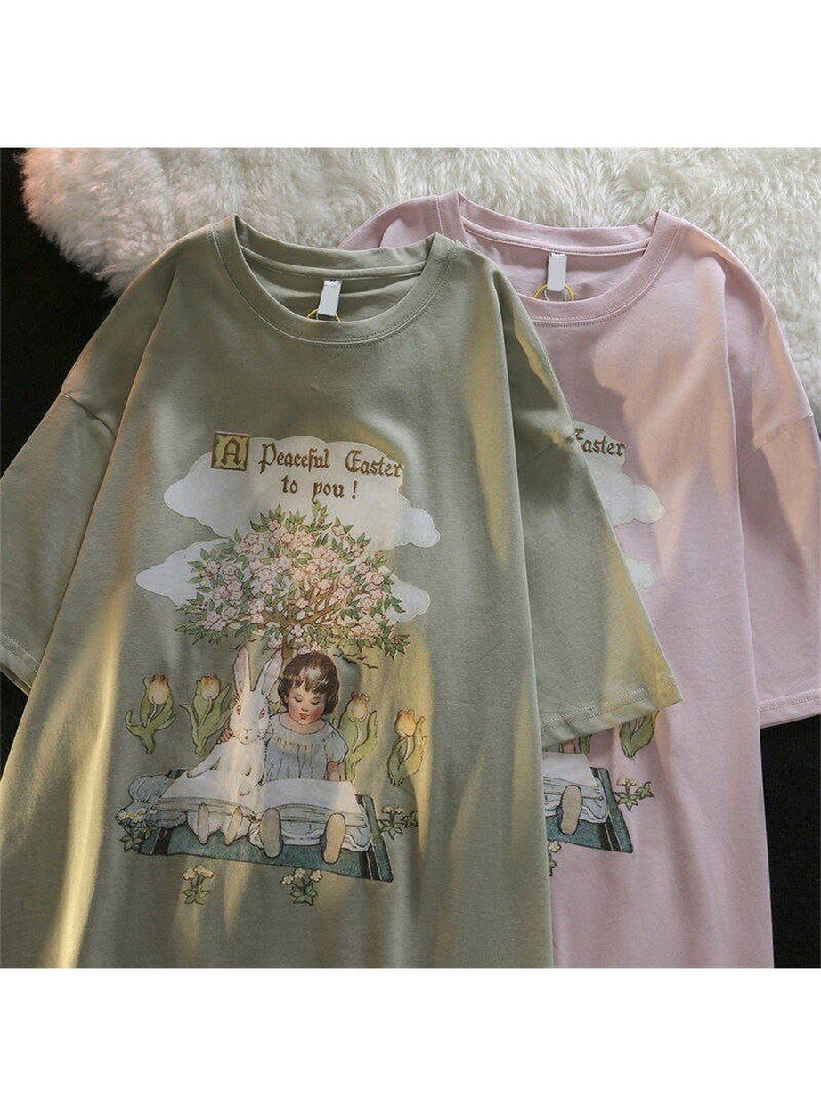 Y2k Green Pink Tops Rabbit T-shirt