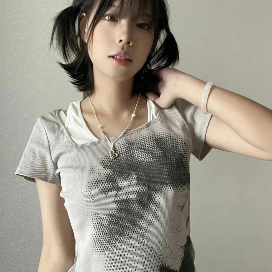 Y2k Grunge Layered Print T-Shirt