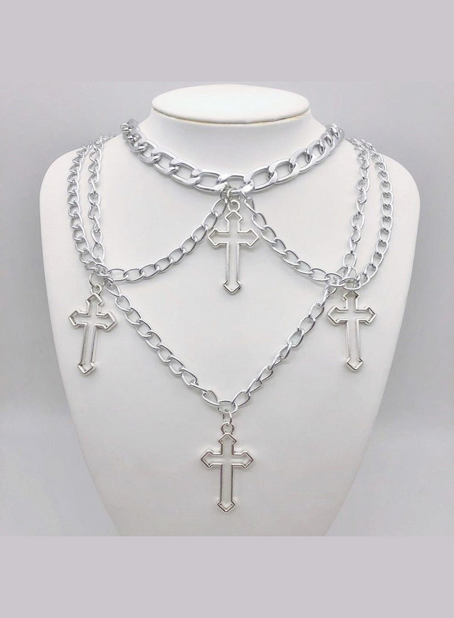 Y2k Grunge Necklace With Four Crosses