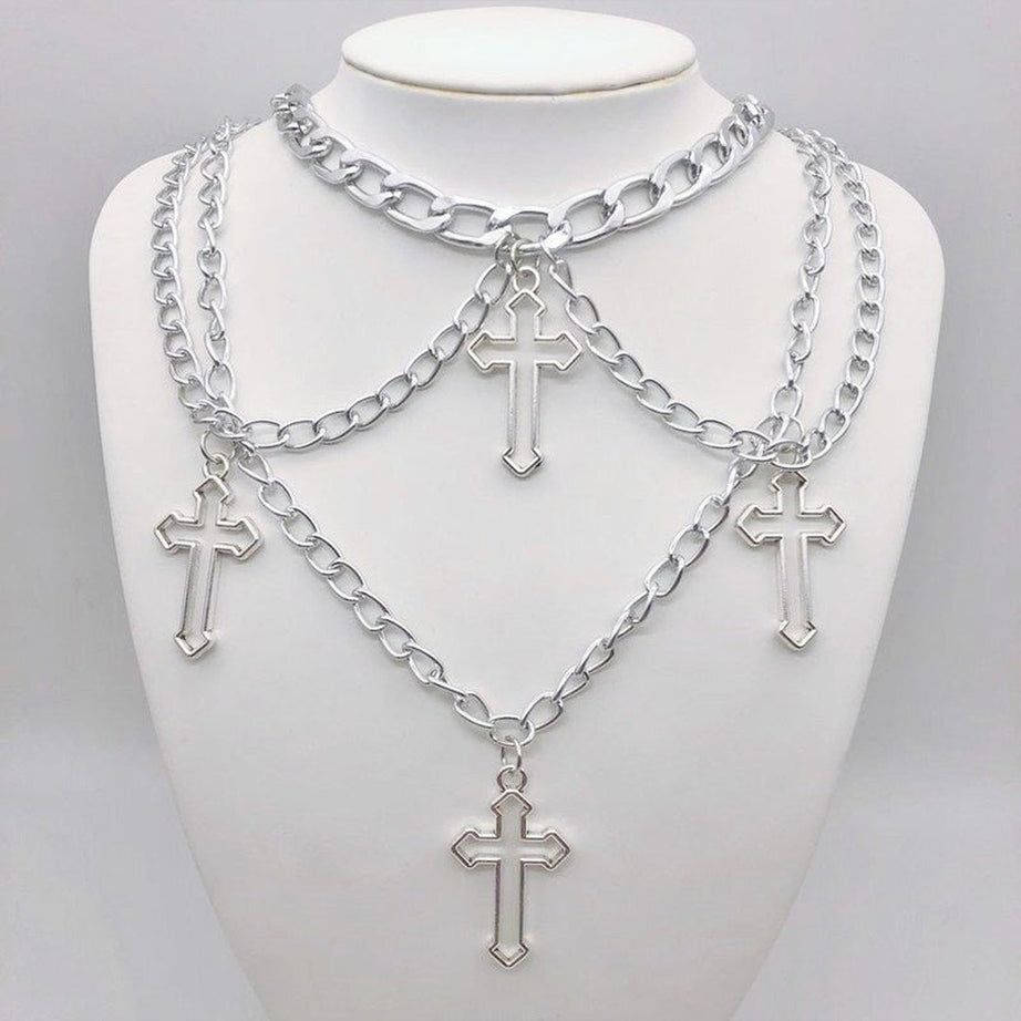 Y2k Grunge Necklace With Four Crosses