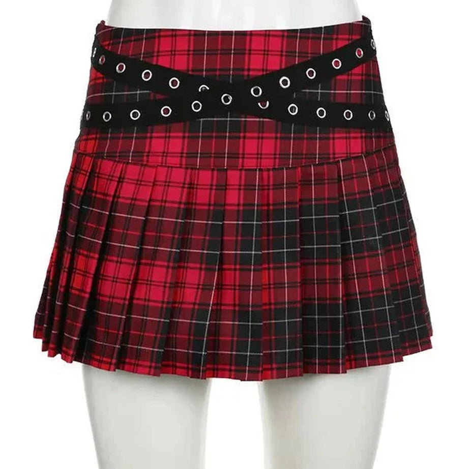 Y2k Grunge Plaid Eyelet Strap Mini Skirt