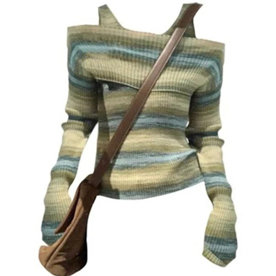 Y2k Grunge Striped Slash Neck Sweater