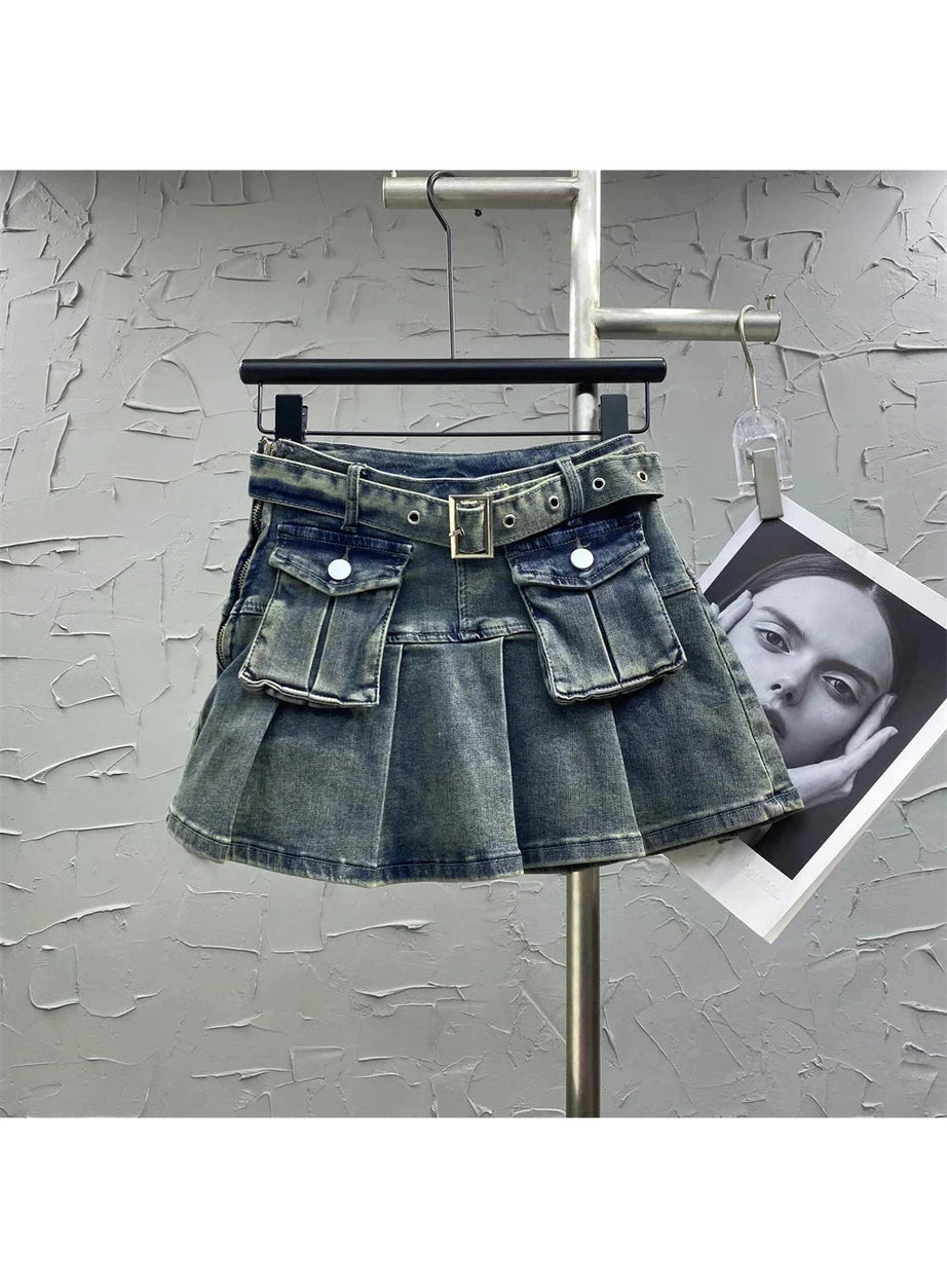 Y2k Grunge Utility Pocket Denim Skirt