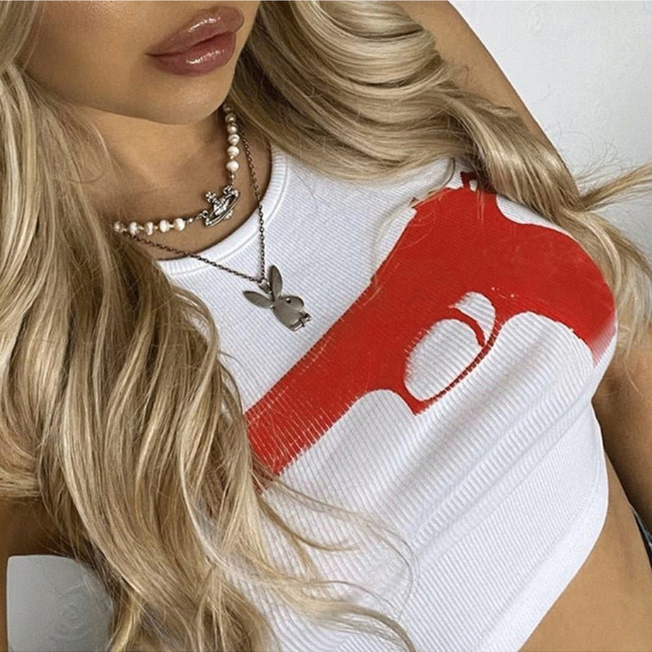 Y2k Gun Print Crop Top