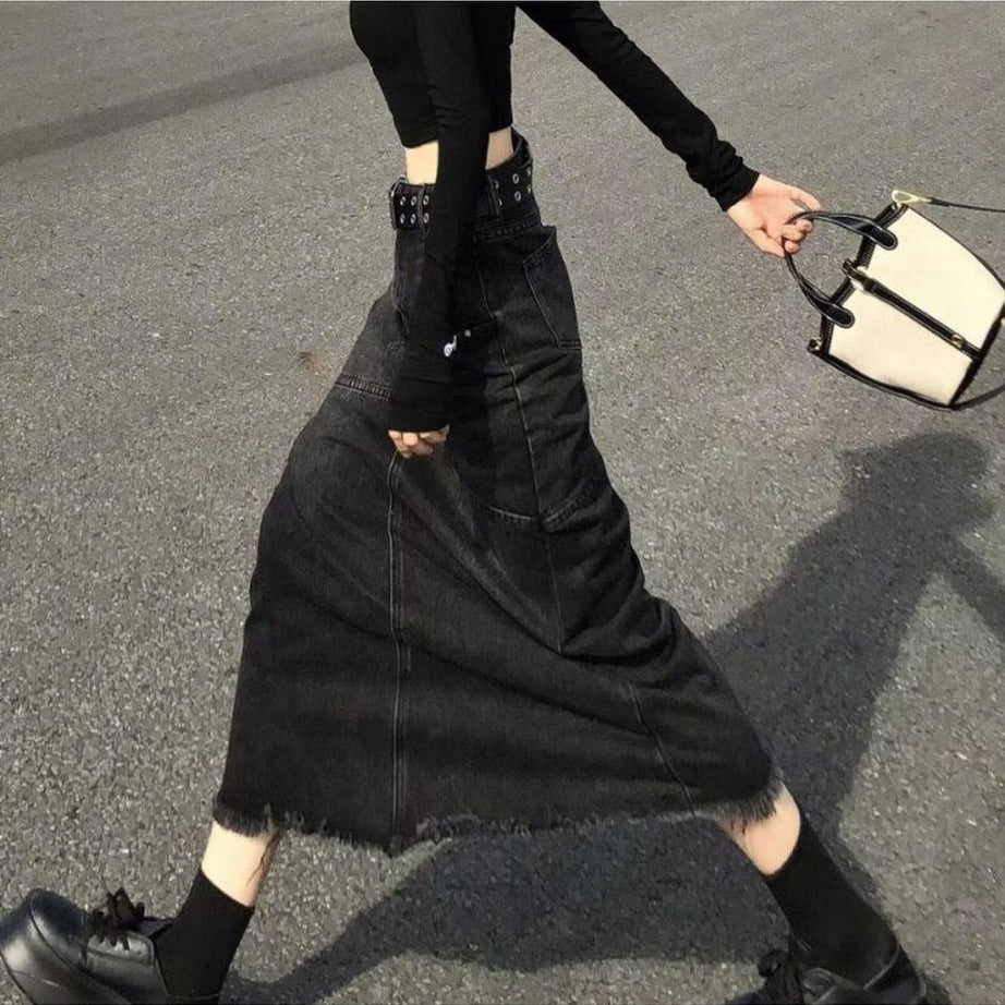 Y2k High Waist Denim Long Skirt