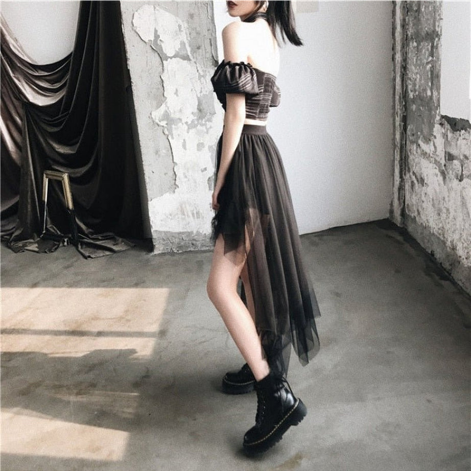 Y2k High Waist Goth Mesh Skirt