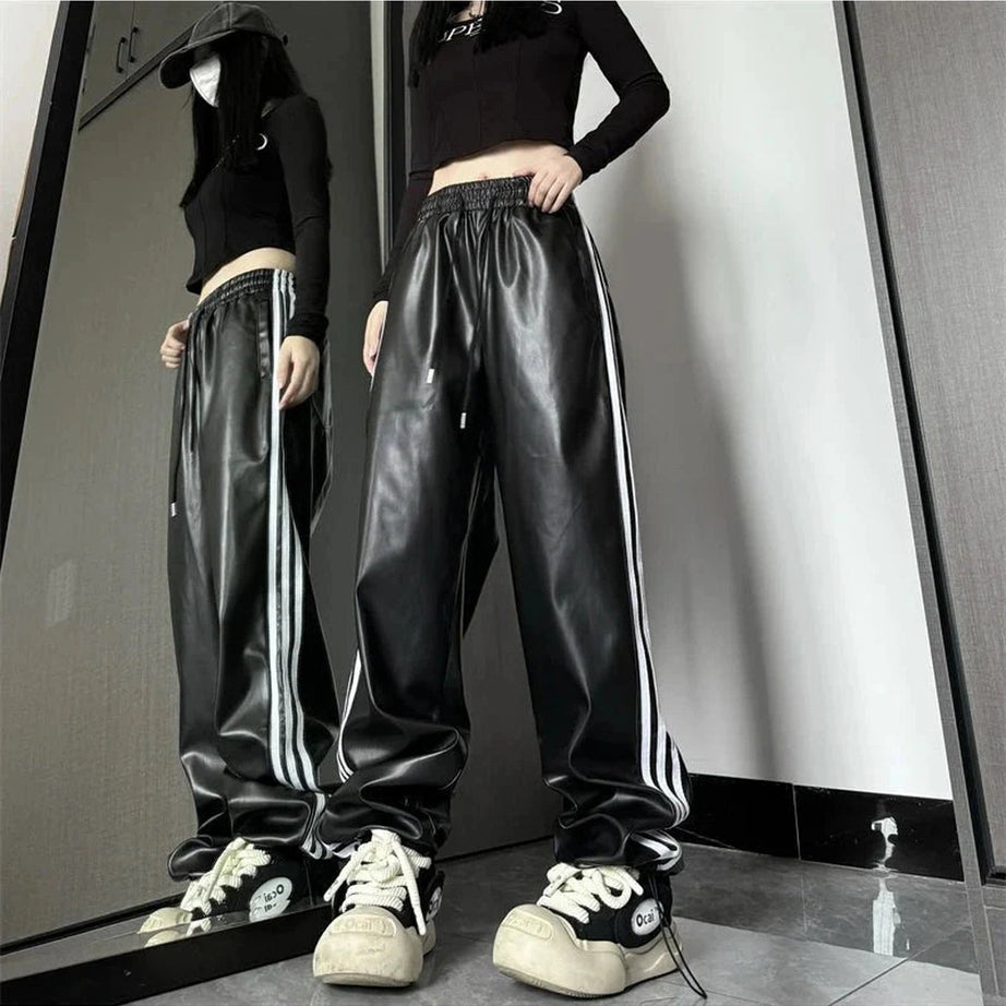 Y2k High Waist Pu Leather Striped Pants