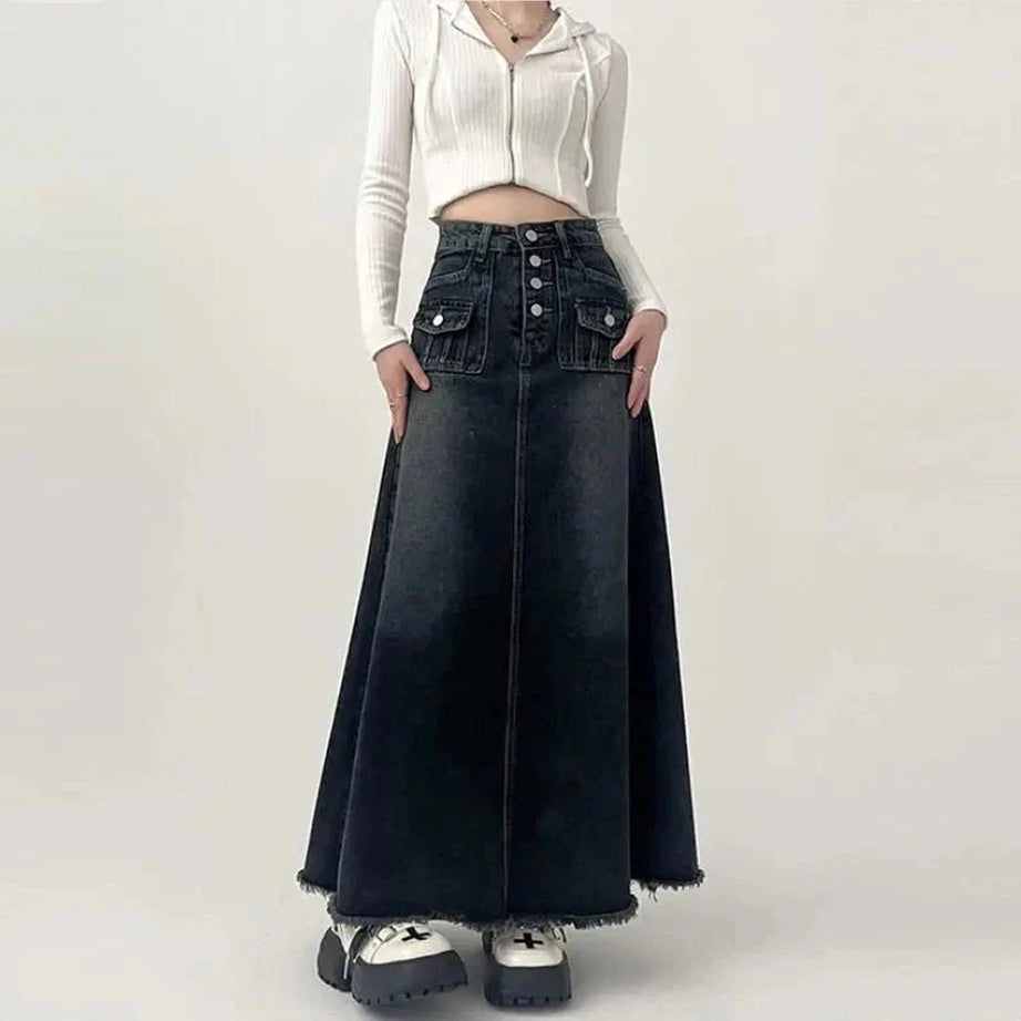 Y2k High-Waisted Cargo Denim Midi Skirt