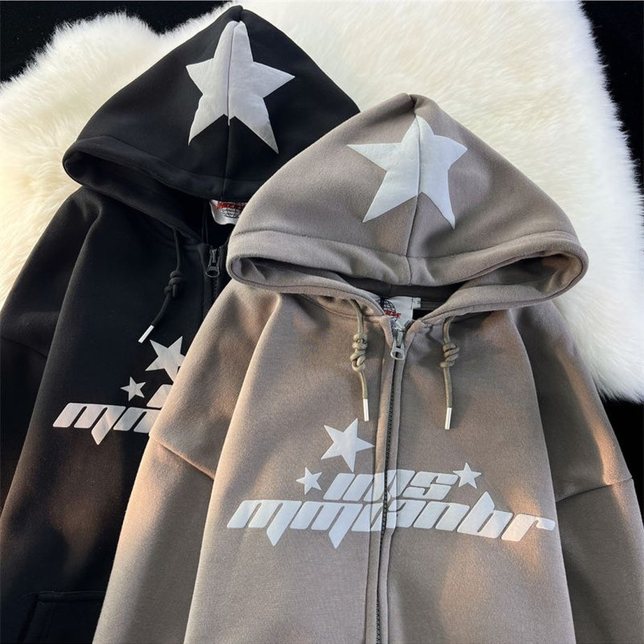 Y2k Hip Hop Zipper Star Print Hoodie